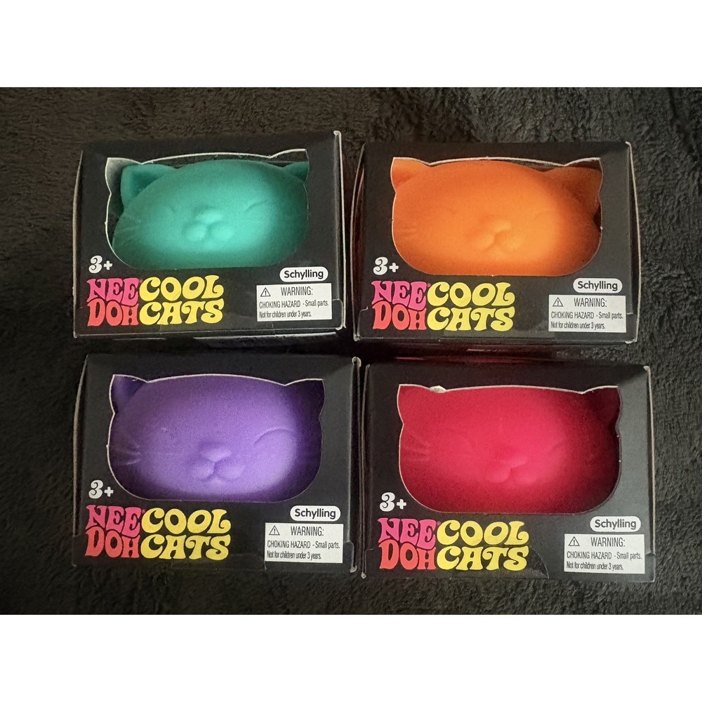 Nee Doh Cool Cats Squeeze Squishy Toy LOT OF 4 Colors Purple Green Orange Pink